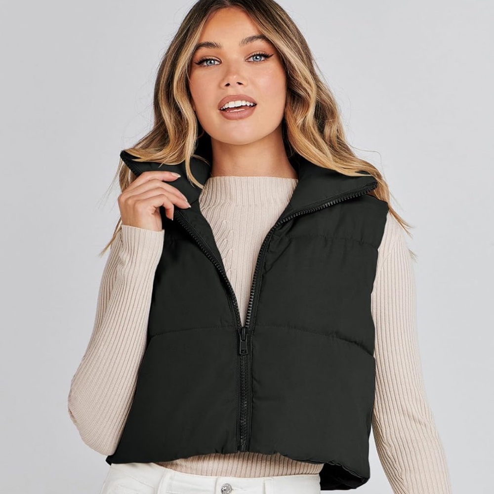 Black Cropped Puffy Vest with Hoodie